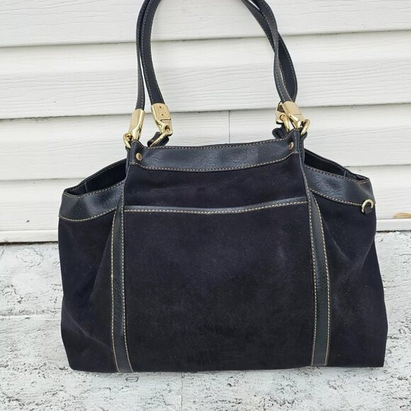 Liz Claiborne Women Handbag Black Faux Suede/Leather Shoulder Bag Multi Compartm - Picture 2 of 12